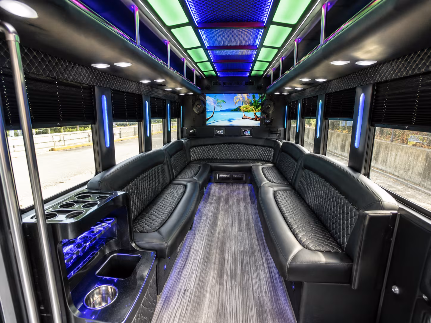 huntington beach 18 passenger party bus inside
